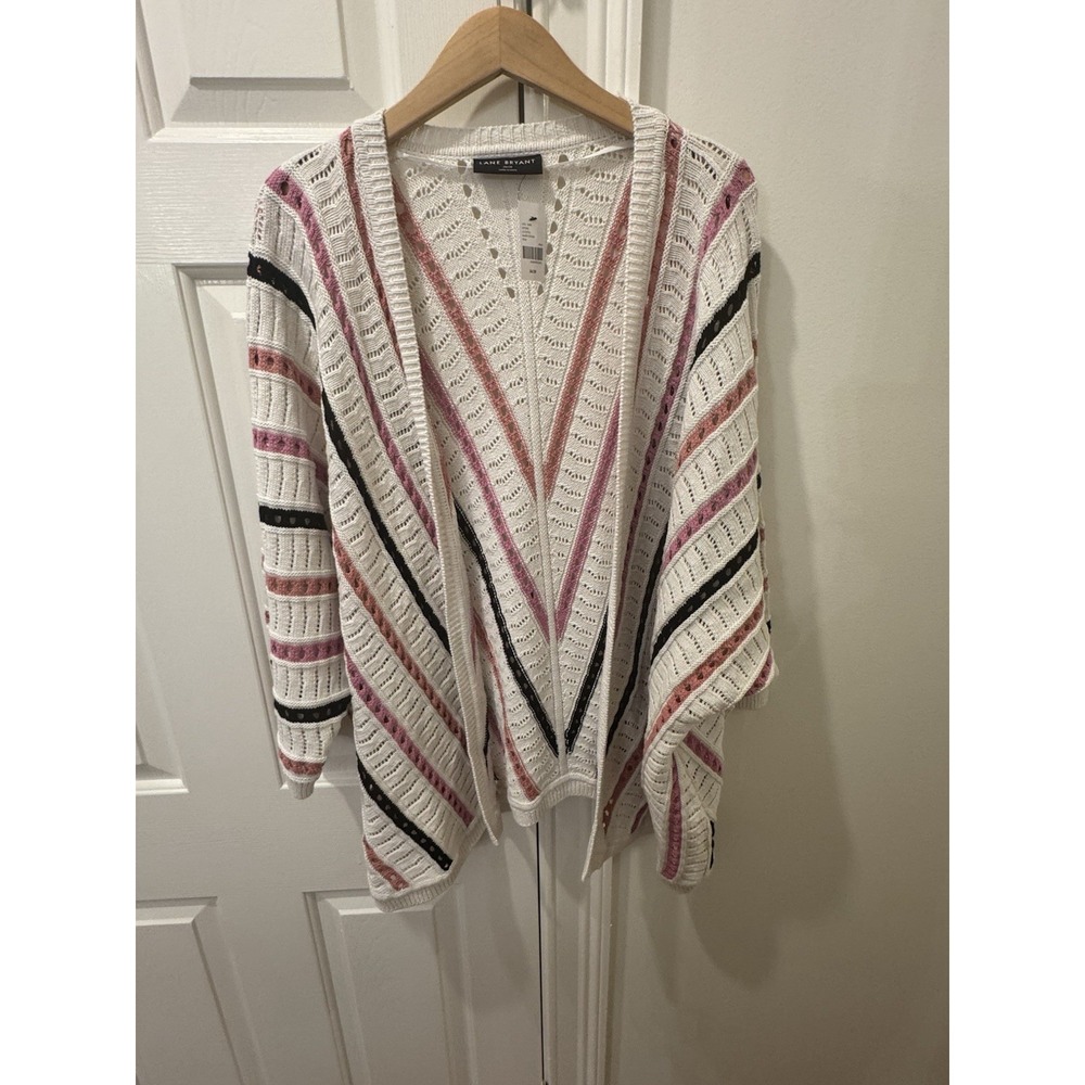 Lane Bryant 26/28 Open Knit Cardigan Boho Chevron Striped Cream Pink Black NWT